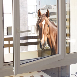 Sticker mural 3D cheval brun réaliste regardant à travers un cadre de fenêtre blanc