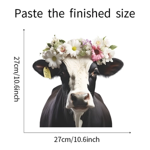 Detail view of cartoon cow wall sticker showing final dimensions 27cm x 27cm size