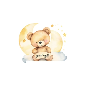 Cartoon teddy bear on moon wall sticker with good night stars and clouds for nursery decor