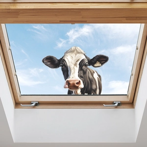Detailed realistic cow head wall sticker on window frame showing playful peeking effect