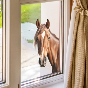 Sticker de fenêtre 3D tête de cheval marron réaliste pour décoration intérieure