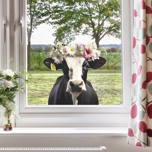 Cartoon Cow With Flower Wreath Wall Sticker PVC Waterproof Removable Self Adhesive 3D Visual Decal For Kids Room Decor