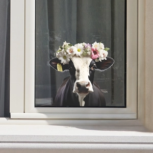 Cartoon cow with flower wreath UV wall sticker for kids room nursery window decor