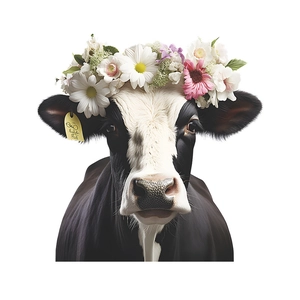 Cartoon cow wall sticker with floral wreath decoration for nursery and children room decor