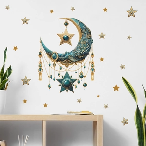 Sticker mural croissant de lune doré et étoiles avec gemmes pour décoration