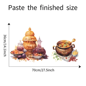 Detailed wall sticker size chart showing ethnic style teapot and fruits 70cm x 36cm