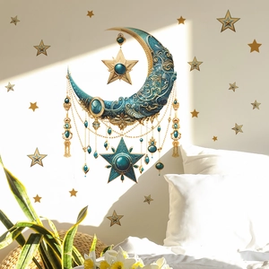 Sticker mural lune bleue avec motifs dorés et décorations d'étoiles suspendues