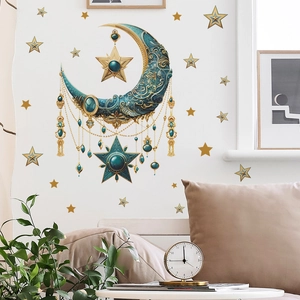 Stickers muraux bohème avec croissant de lune et étoiles dorées pour décor de maison