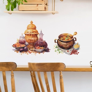 Ethnic style wall sticker featuring a golden samovar and traditional soup pot graphics