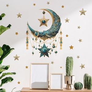 Stickers Muraux Lune et Étoiles Or et Sarcelle Style Joaillerie PVC Imprimé Décalcomanies pour Chambre Salon Décoration Murale