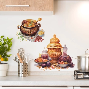 Ethnic style wall sticker featuring a traditional samovar and teapot for kitchen decor