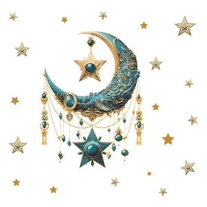 Sticker mural 3D lune cyan et or avec étoiles pour décoration de chambre et maison