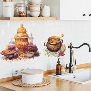 Ethnic kitchen wall sticker featuring gold carved urn and fresh fruit pots on white tiles