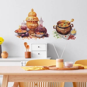 Detail of ethnic style wall decals featuring a traditional samovar and food illustrations