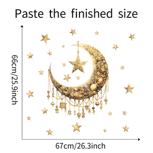 Golden moon and star wall sticker detail with dimensions showing 66cm by 67cm size
