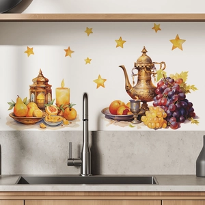Middle Eastern festive wall stickers with golden teapot and fruit on a kitchen backsplash
