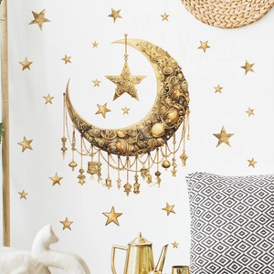 Golden moon and stars wall stickers with intricate patterns for home decoration