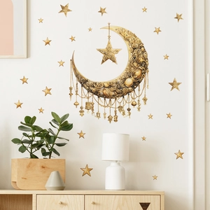 Elegant gold crescent moon and star wall stickers with hanging lanterns for home decor