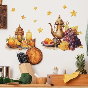 Detailed kitchen wall sticker featuring Middle Eastern golden teapot and fresh fruits motifs