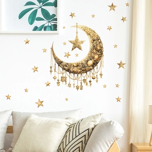 3D golden moon and stars wall decals set with baroque patterns for home decoration