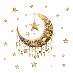 Golden moon and stars wall stickers with intricate baroque patterns and hanging pendants