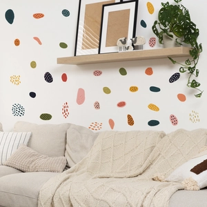 Modern Morandi geometric wall stickers with abstract shapes and patterns on a white wall