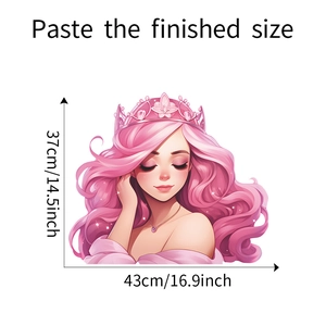 Detailed size chart showing the 43x37cm dimensions for the pink princess wall sticker