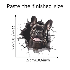 Detailed 3D wall sticker featuring a black French bulldog puppy breaking through a wall