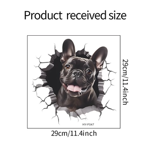 Detail showing the 3D French Bulldog wall sticker dimensions of 29cm by 29cm on white background