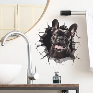 3D realistic French Bulldog wall sticker showing puppy peeking through a cracked wall