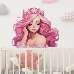 Close-up of pink-haired fairy princess wall sticker in a cozy nursery bedroom