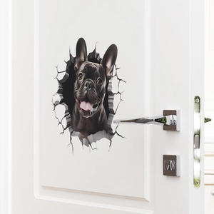 3D French Bulldog wall sticker showing a lifelike dog head popping through a wall crack