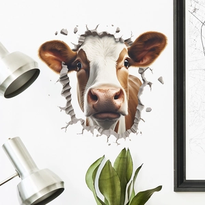 3D realistic cow breaking through wall sticker for creative home wall decoration
