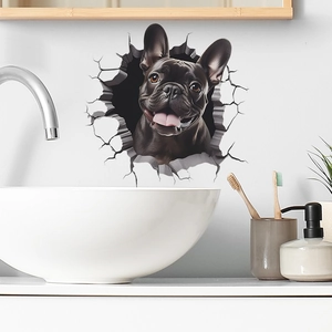 3D French Bulldog Wall Sticker Realistic Breaking Through Wall Effect PVC Waterproof Home Decor Bathroom Bedroom Mural