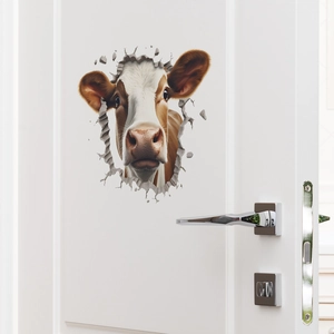 3D cow wall sticker with realistic wall-breaking effect on a white wooden door decor
