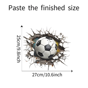 Close-up of 3D football wall sticker showing dimensions 27cm x 25cm and cracked wall effect