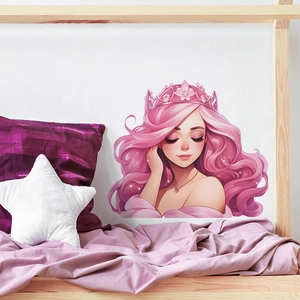 Pink cartoon princess wall sticker for kids bedroom decor over wooden bed frame