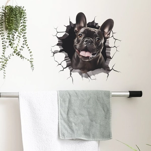 Creative 3D wall sticker featuring a cute French Bulldog breaking through a white wall