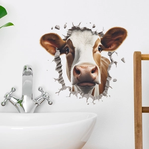 Creative 3D cow wall sticker breaking through bathroom wall for home decor