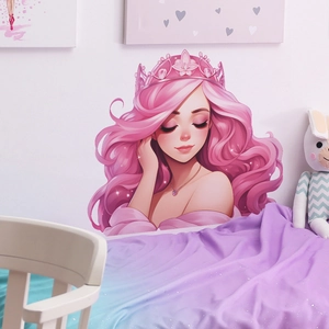 Charming princess wall sticker with pink hair and crown for children's bedroom decor