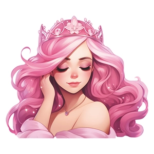 Pink cartoon princess wall sticker for kids bedroom with cute floral crown and necklace