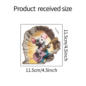 Detailed view of 3D cartoon mouse playing guitar wall sticker measuring 11.5cm by 11.5cm