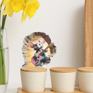 3D cartoon mouse playing guitar wall sticker with creative broken wall effect for home decor