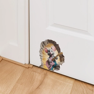 3D cartoon mouse playing guitar wall sticker with realistic broken rock hole effect