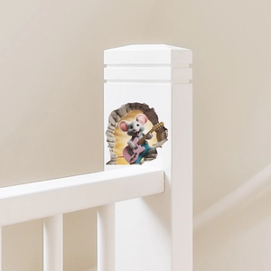Close-up of 3D cartoon mouse playing guitar wall sticker on white staircase