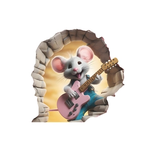 3D cartoon mouse playing guitar wall sticker for kids bedroom decor and creative home art