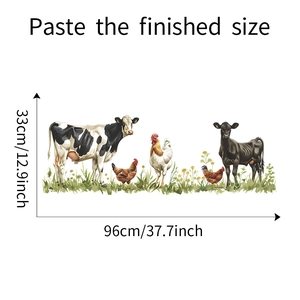 Detailed farm animal wall sticker dimensions showing cows, chickens, and grass layout