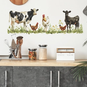 Detail view of farmhouse animal wall stickers featuring cows and chickens in a kitchen setting