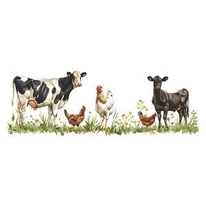 Farm animal wall decals featuring cows and chickens with grass and yellow flower details