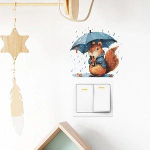 Detail showing a cute squirrel with blue umbrella wall sticker near light switch